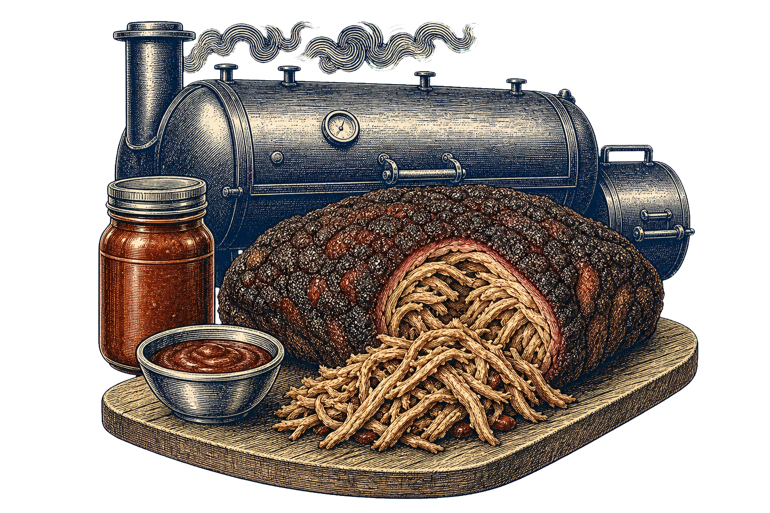 Engraved barrel smoker with a whole smoked pork butt, pulled pork, and barbecue sauce