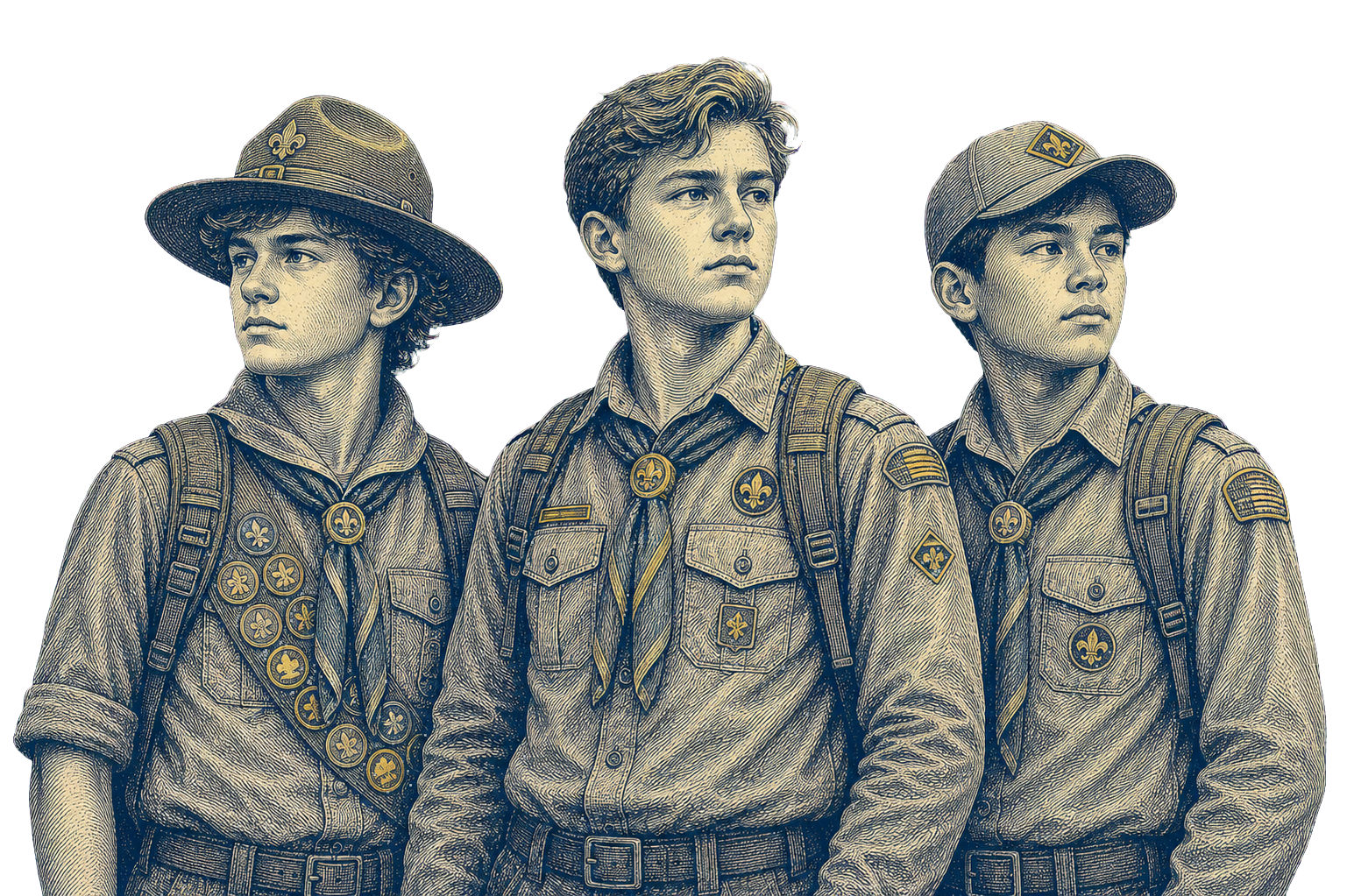 Intaglio engraving of three members of Scout Troop 415