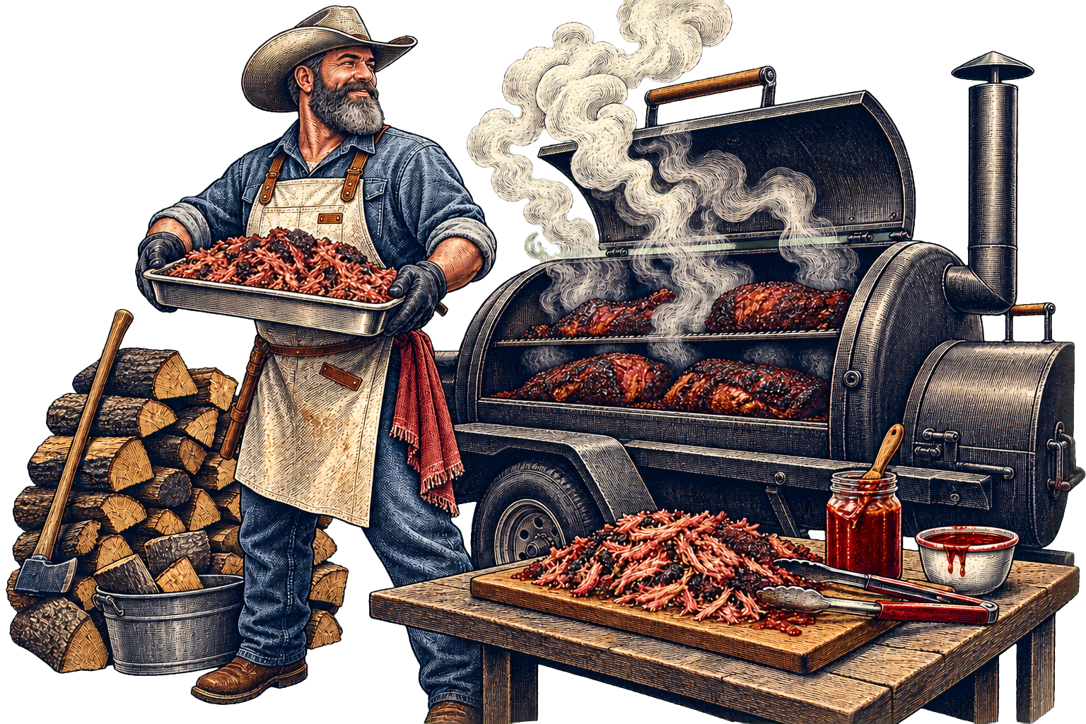 Intaglio engraving of a cowboy pitmaster serving pulled pork beside a smoking barbecue pit