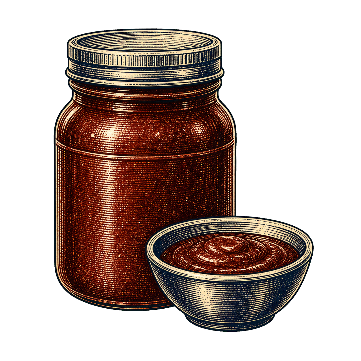 Engraved quart jar and bowl of barbecue sauce