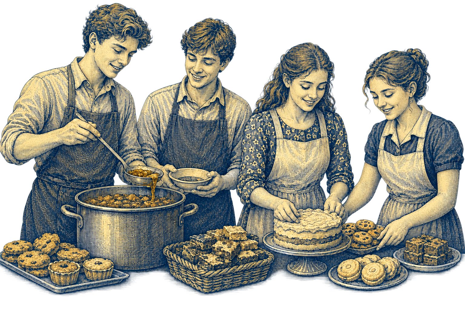 Engraved illustration of young volunteers serving stew and arranging a bake sale